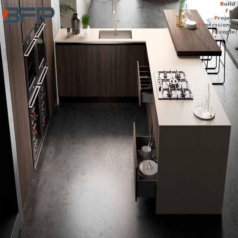 European Style Dark Color Natural Wood Grain Laminate Kitchen Cabinets