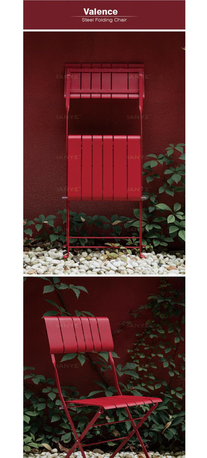 Durable Solid Steel Slats Design Red Foldable Side Dining Chair Rust Resistant Outdoor Backyard Dining Furniture