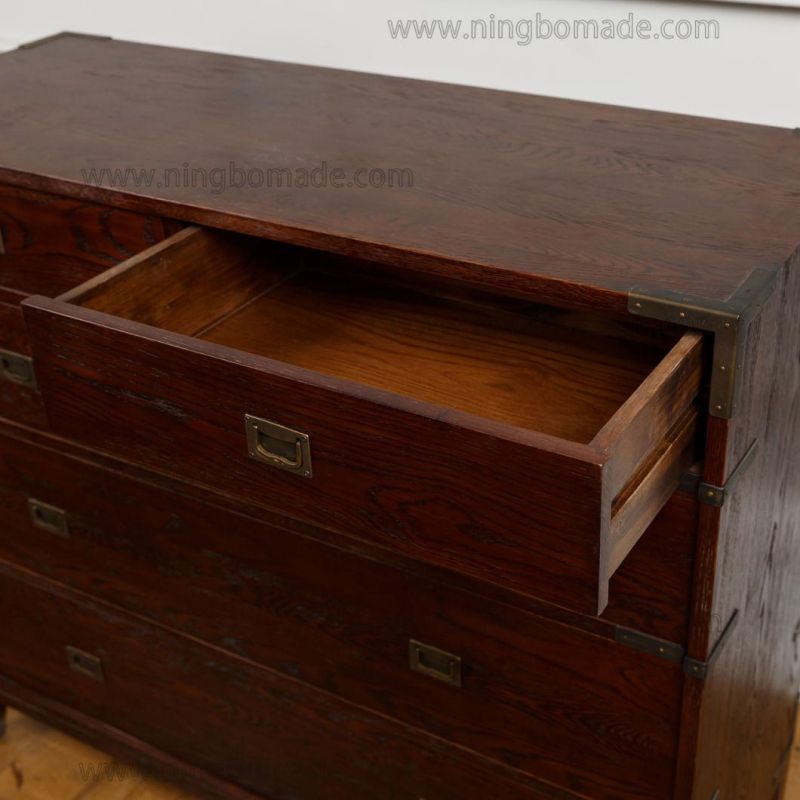 Hot Sale Chinese Classic Style Furniture Waxed Brown Oak Antique Brass Color Metal 5 Drawers Chest Cabinet
