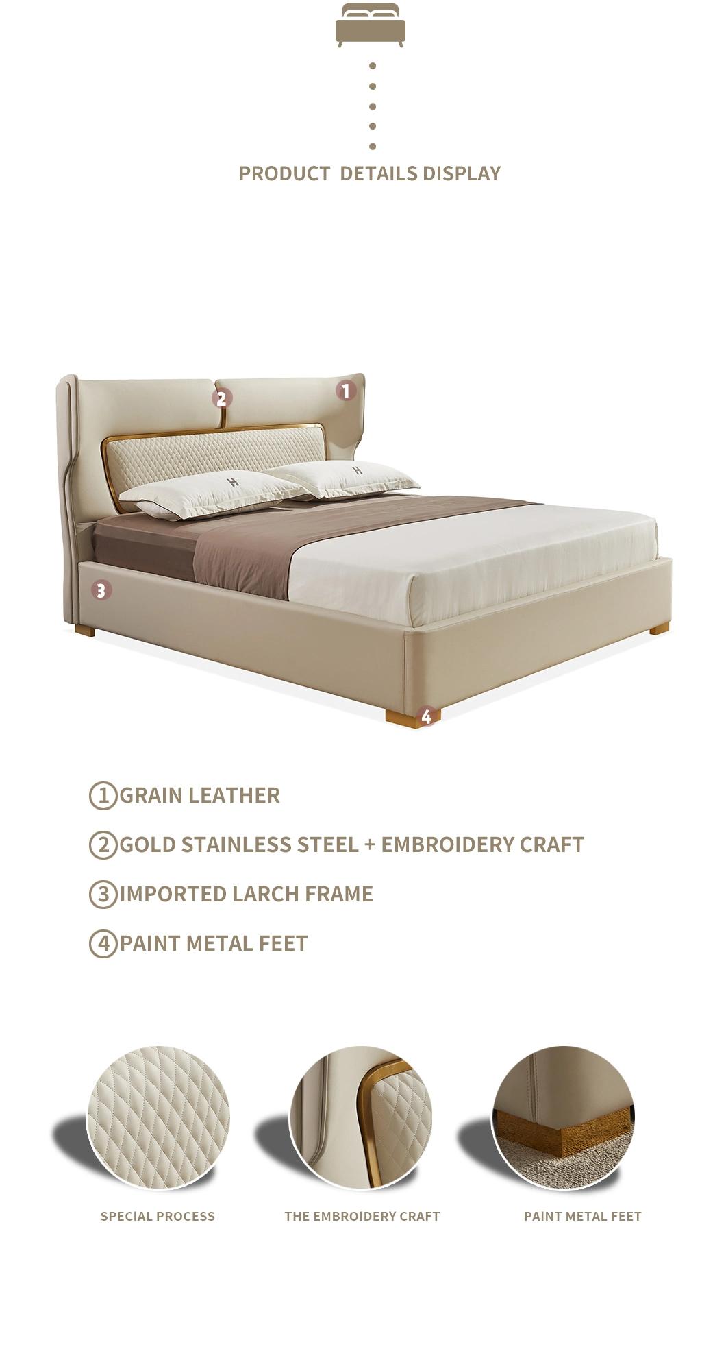 Grain Leather Bedroom Solid Wood Leather Bed Furniture