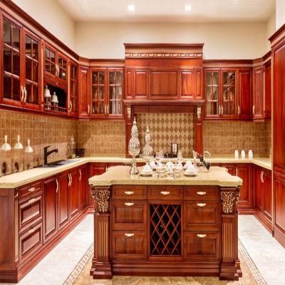 Custom Red Cherry Wooden Cabinet Furniture Design European Luxury Classic Mahogany All Solid Wood Kitchen Cabinets