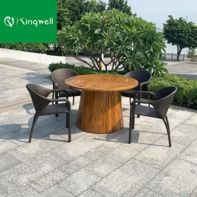 Round Shape Teak Wood Table with Black Rattan Garden Chair Set