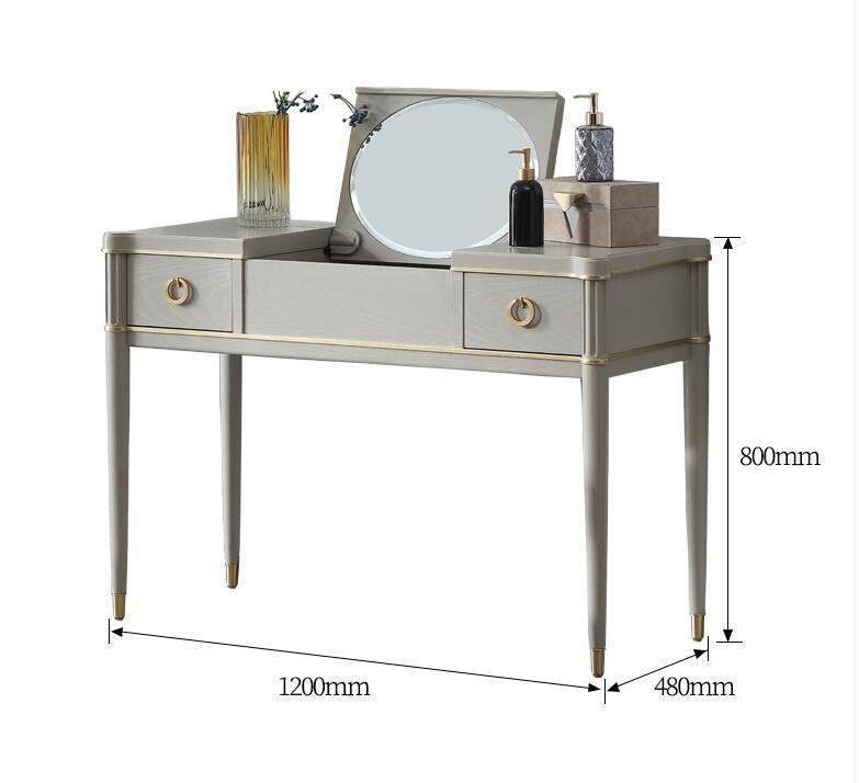 European Light Luxury Metal Frame Wooden Dressing Table with Mirror and Stool in Dressers with Drawers Bedroom Furniture