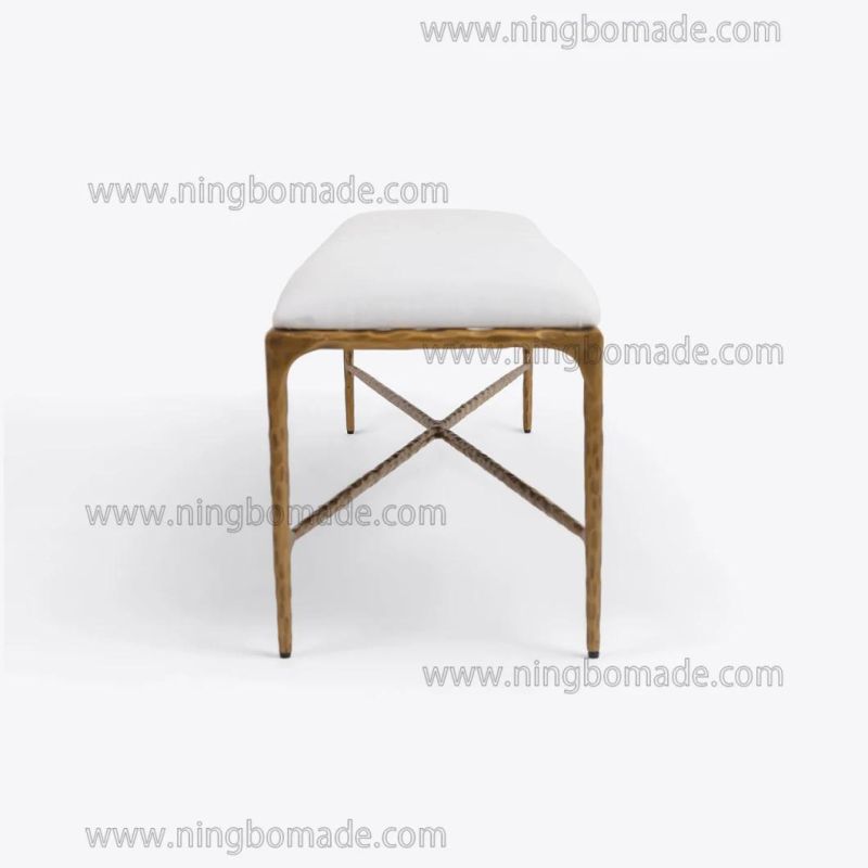 Rustic Hand Hammered Collection Furniture Forged Solid Iron Metal with Brass Color White Line Bed End Stool