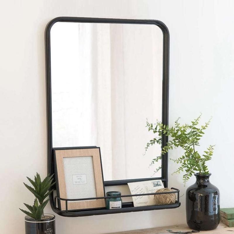 Large Rectangle Black Metal Framed Wall Mirror with Shelf for Bathroom Decor