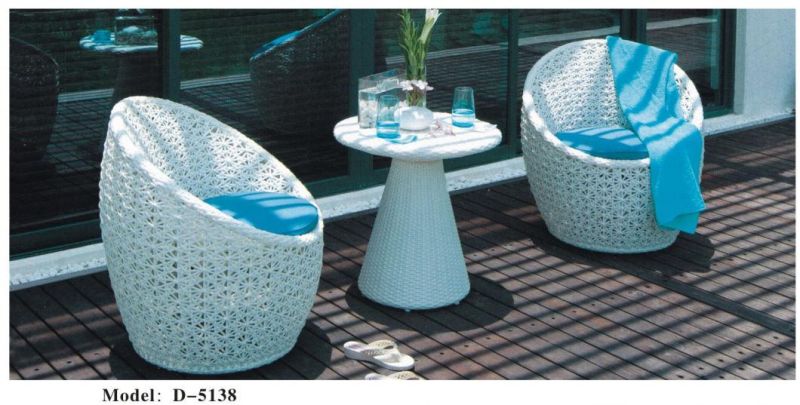 3 Piece Wicker and Table Set with Blue Red Orange Chair Cushion, White Outdoor Rattan Garden Furniture