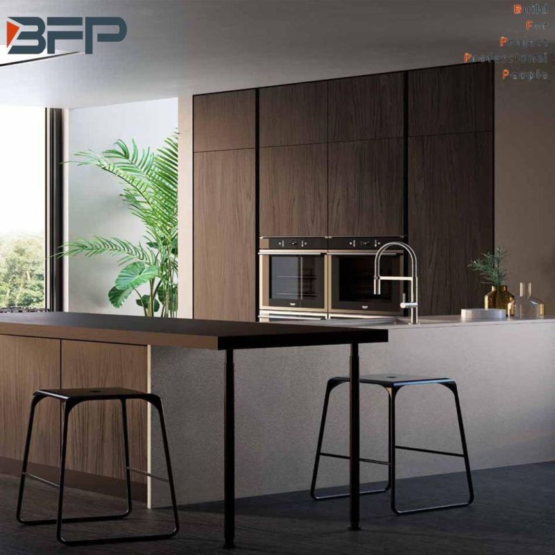 European Style Dark Color Natural Wood Grain Laminate Kitchen Cabinets