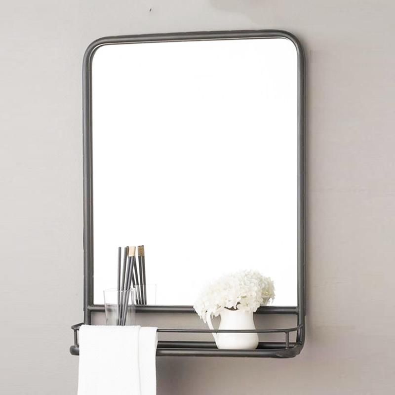 Large Rectangle Black Metal Framed Wall Mirror with Shelf for Bathroom Decor