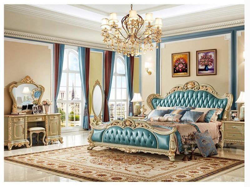 Luxury Design Gold Leaf Carving King Size Bed/ European Classic Royal Luxury Golden Wooden Bedroom