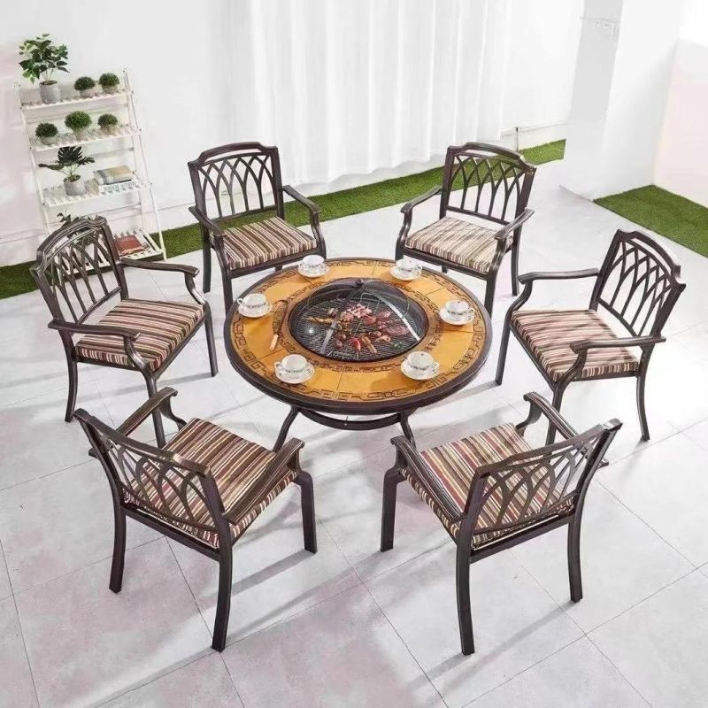 Backyard Balcony Furniture Garden Table Set, Outdoor Cast Aluminum Marble Square Table with Chairs