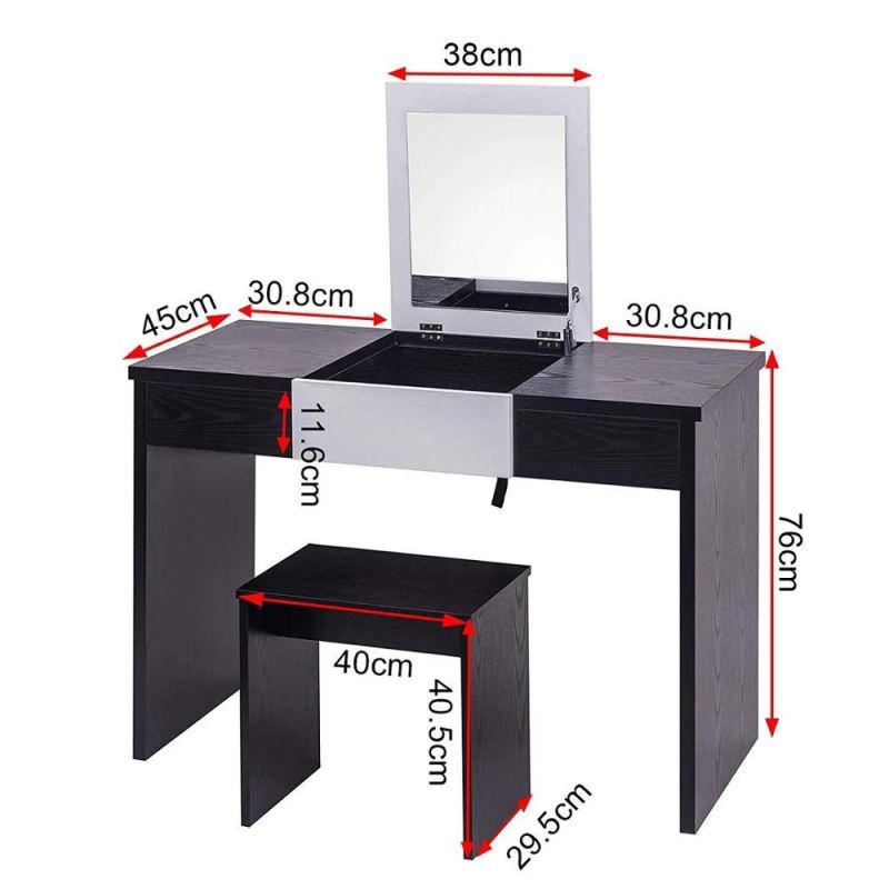European Style Black and White Lift to Open Top Dressing Makeup Vanity Table with Mirror Storage Department Stool.