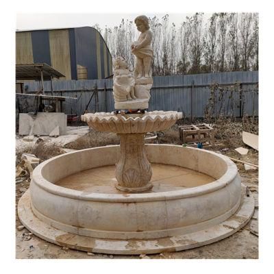 European Style Outdoor Stone Fountain with Statue Natural Marble Fine Carving