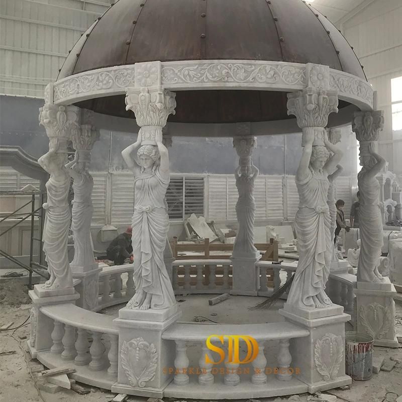 European Style Hand Carving White Marble Gazebo Marble Pavillion with Top Dome for Garden Decoration