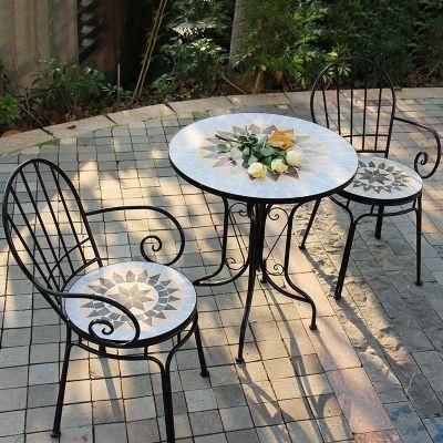 European-Style Wrought Iron Mosaic Garden Courtyard Table and Chair Combination Pastoral Balcony Outdoor Small Round Table Three-Piece Set