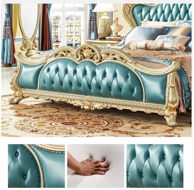 Luxury Design Gold Leaf Carving King Size Bed/ European Classic Royal Luxury Golden Wooden Bedroom