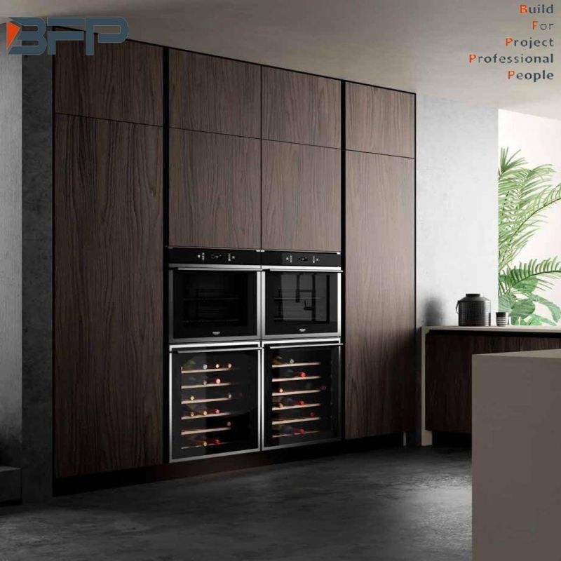 European Style Dark Color Natural Wood Grain Laminate Kitchen Cabinets