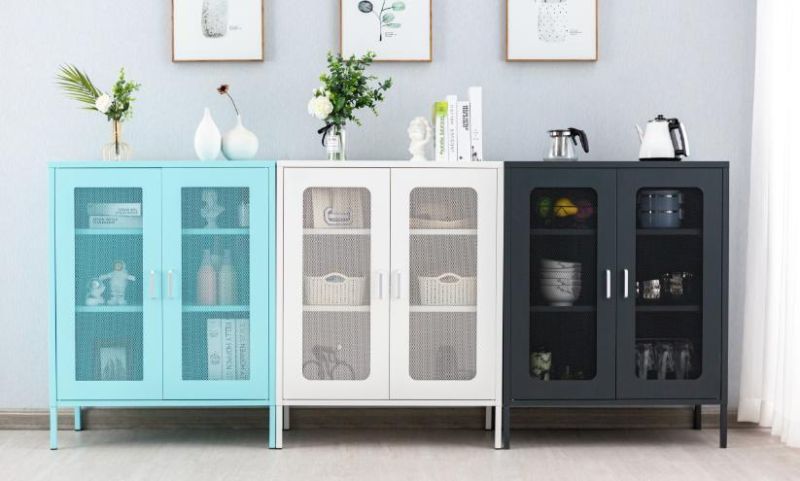 Blue 2 Doors TV Metal Stand Cabinet with Slender Legs