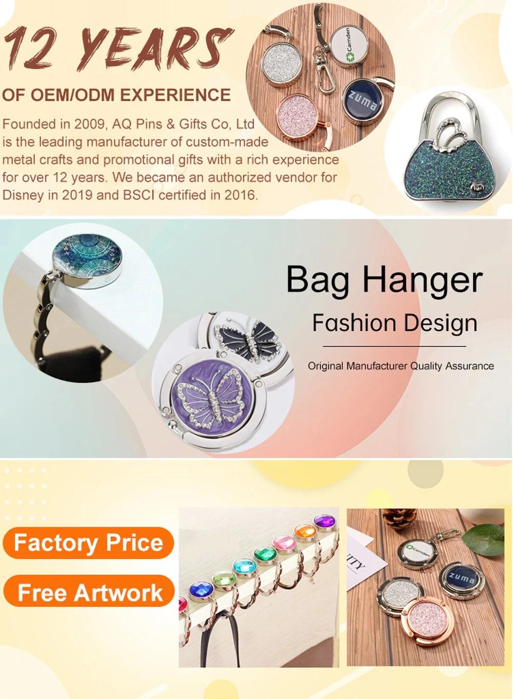 Customized Logo Metal Purse and Bag Hanger Accessory Bespoke Wholesale Fashion Table Hanging Hook