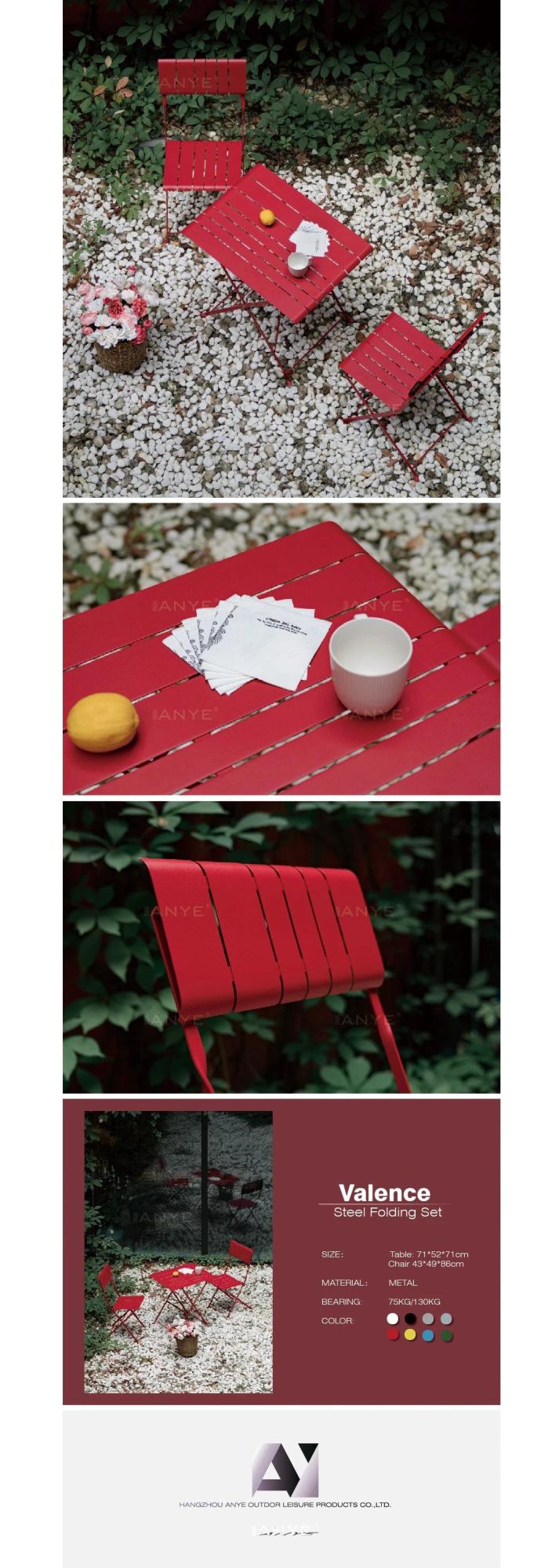 Durable Metal Slats Design Backyard Furniture Set Red Foldable Square Table Outdoor Folding Chair