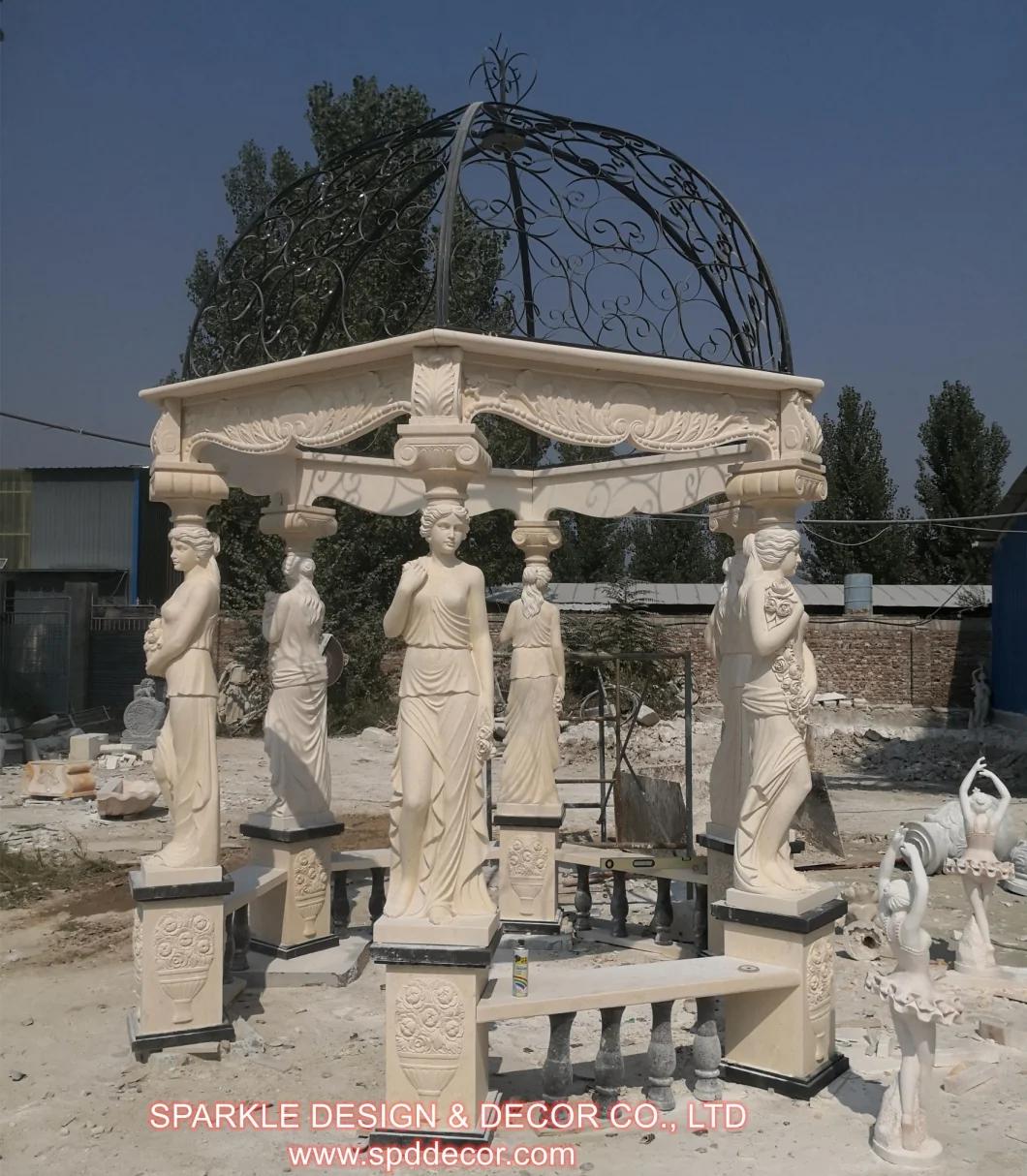 Beautiful Hand Carved Eureopan Style Beige Marble Carving Gazebo Outdoor Stone Gazebo for Sale