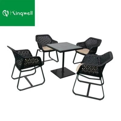 Garden Used Rattan 4 Seater Square French Bistro Glass Tables and Chair Set Commercial Restaurant Exterior Furniture