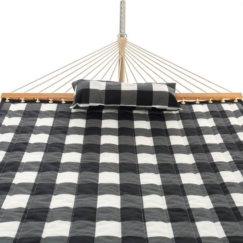 Single Quilted Hammock with Space Saving Stand and Pillow Combo Black White Grid