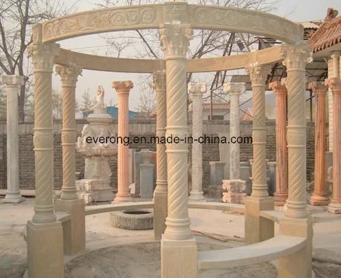 Antique Sunset Red Marble Hoxegon Pavilion with Roman Pillars Carving