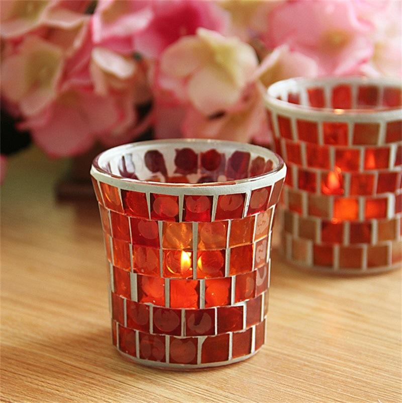 European Red Triangular Glass Mosaic Candlestick Candle Cup Candlelight Dinner Decoration