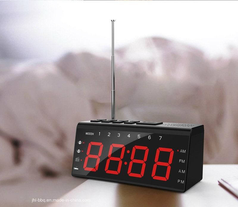 Desk and Table Am/FM Radio with Clock and Larger Digital LED Words Display Screen Combining with Dual Alarm and Snooze Mobile Phone Charging