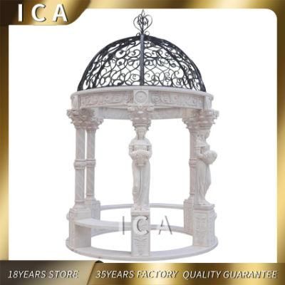 White Marble Gazebo with Women Figure Statue for Outdoor Garden Decoration