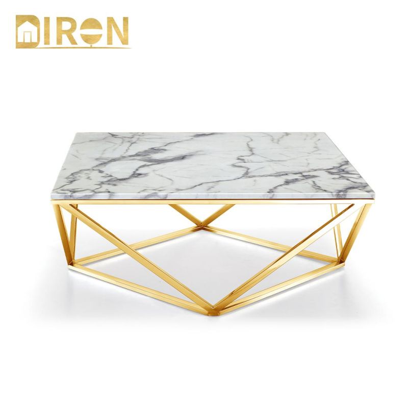 European Design Home Hotel Furniture Marble Coffee Table with Gold Legs