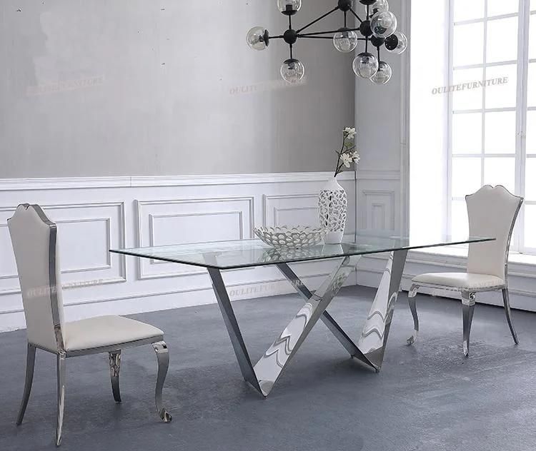 Home Furniture Clear Tempered Glass Dining Table with Metal Legs