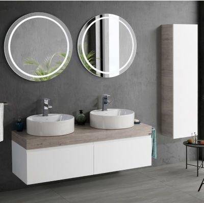 Floating Mounted Bathroom Cabinet Simple European Style Luxury White Ceramic Top Basin Bathroom Vanity with Circle Mirror