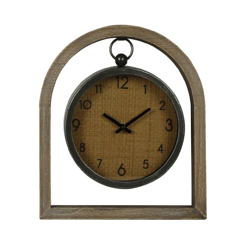 MDF Table Clock with Metal Circle Frame, Ratten Paper Face Design Desk Clock