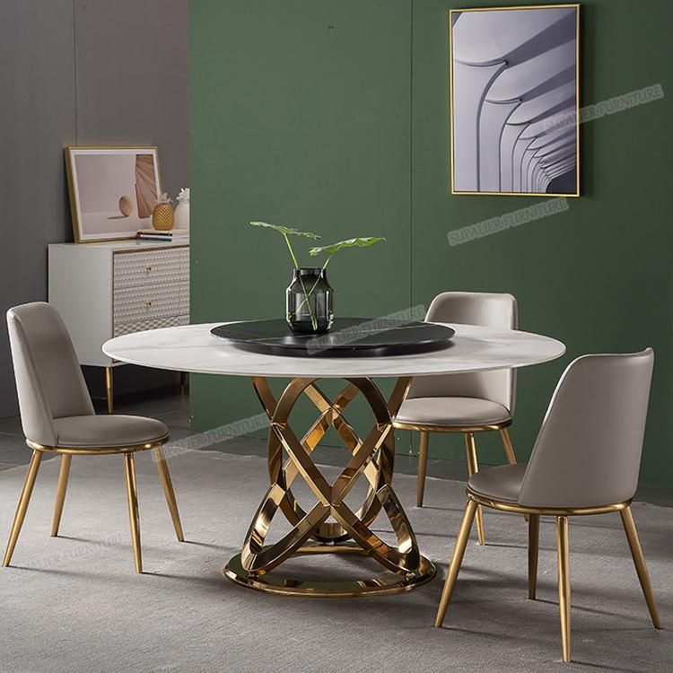 Italian Metal Dining Table with Rotate Marble Top and Chairs