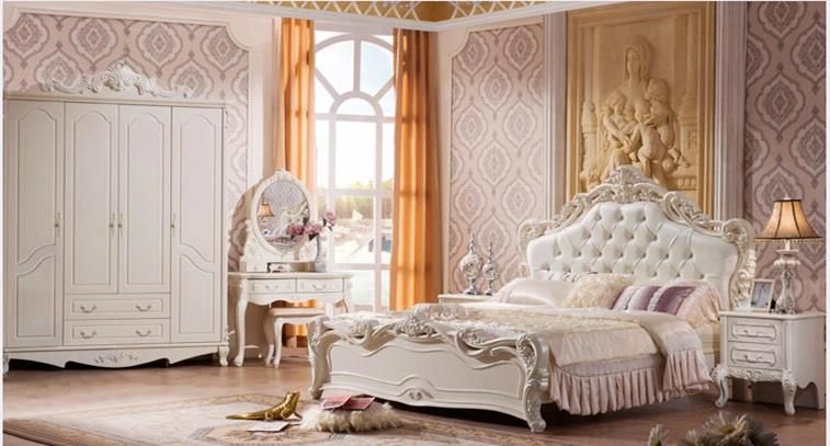 European Classical Wood Carved Leather Upholstery Bedroom Set Home Bed