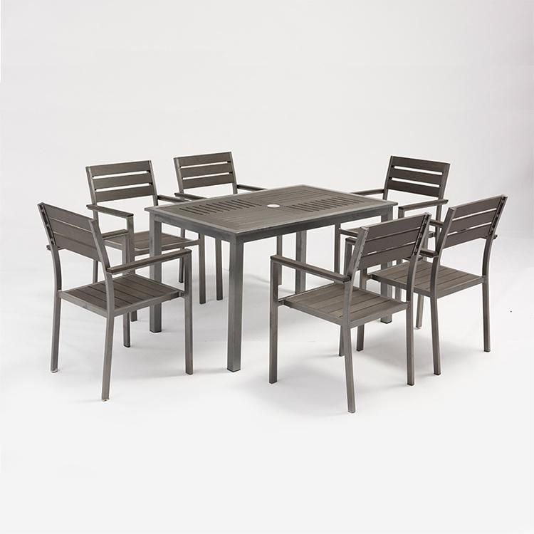 7 PC Grey Plastic Wood Metal Garden Furniture Set