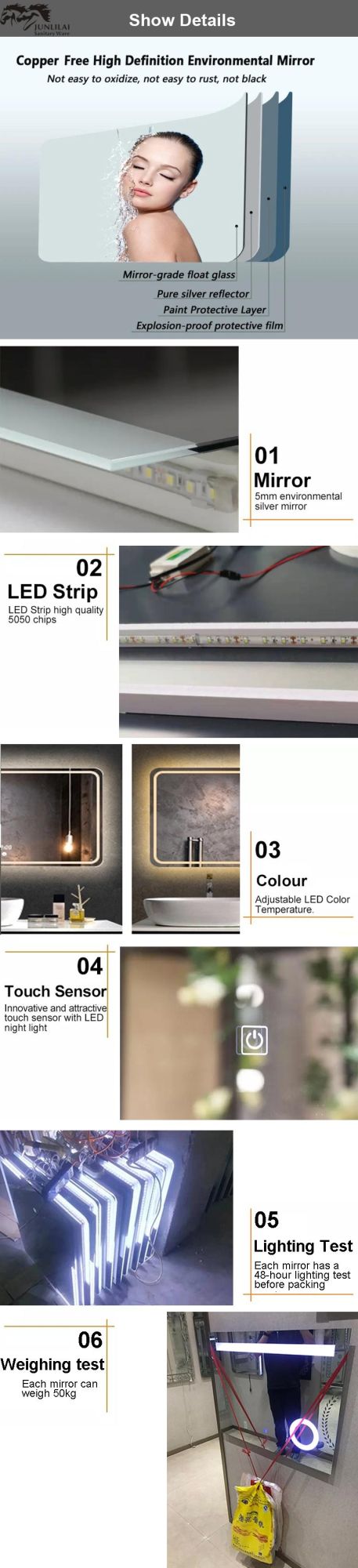 Wholesale Home Decor Rectangle European Silver Sencer LED Makeup Bedroom Bathroom Wall Mirror