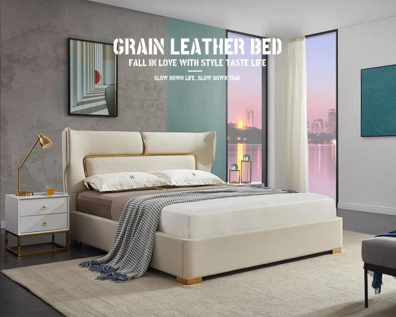 Grain Leather Bedroom Solid Wood Leather Bed Furniture