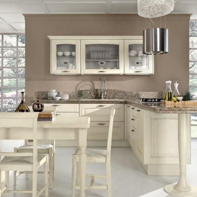 Custom European Style White Lacquer Solid Cherry Wood Fitted Kitchen Cabinet