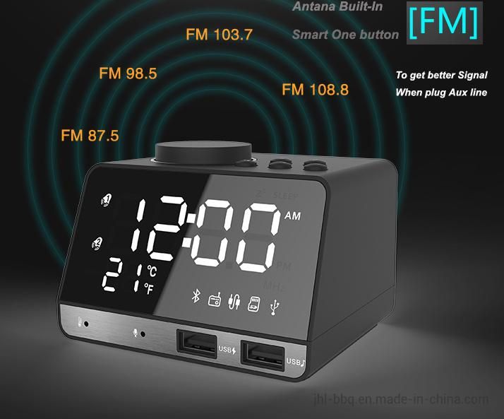 2019 Fashion Desk and Table Clock with Blue Tooth 4.2 Built in and Dual Alarm FM Radio Speaker Dual USB Charging Week and Temperature Display