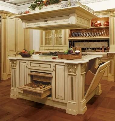 Luxury European Style Gloden Line Curved Profile Provincial Country 100% Customized Solid Wood Kitchen Cabinets