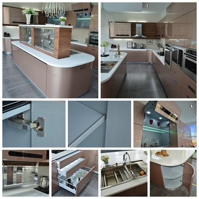 Champagne Color Metallic Lacquer Arc Shape Design Modern Kitchen Cabinet