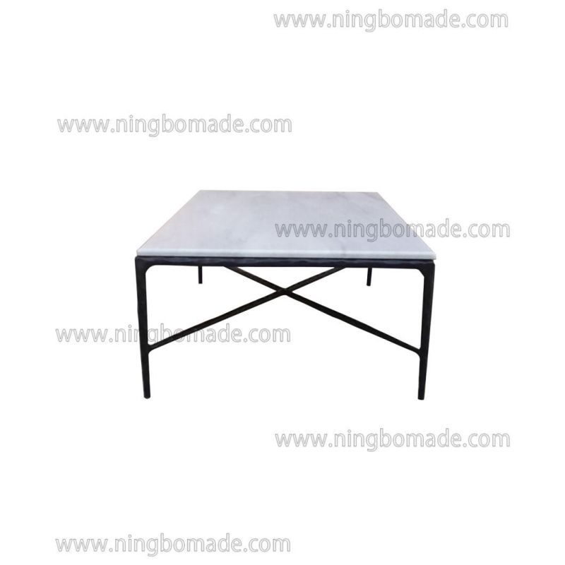Thaddeus Sculptural Forged Collection White Cloud Marble Top Antique Black Solid Metal Base Rectangle Coffee Table