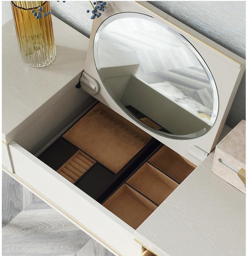 European Light Luxury Metal Frame Wooden Dressing Table with Mirror and Stool in Dressers with Drawers Bedroom Furniture