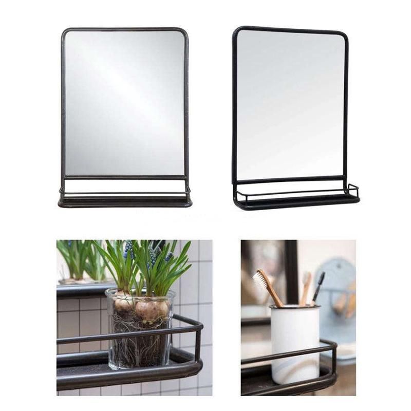 Large Rectangle Black Metal Framed Wall Mirror with Shelf for Bathroom Decor