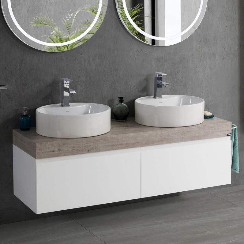 Floating Mounted Bathroom Cabinet Simple European Style Luxury White Ceramic Top Basin Bathroom Vanity with Circle Mirror
