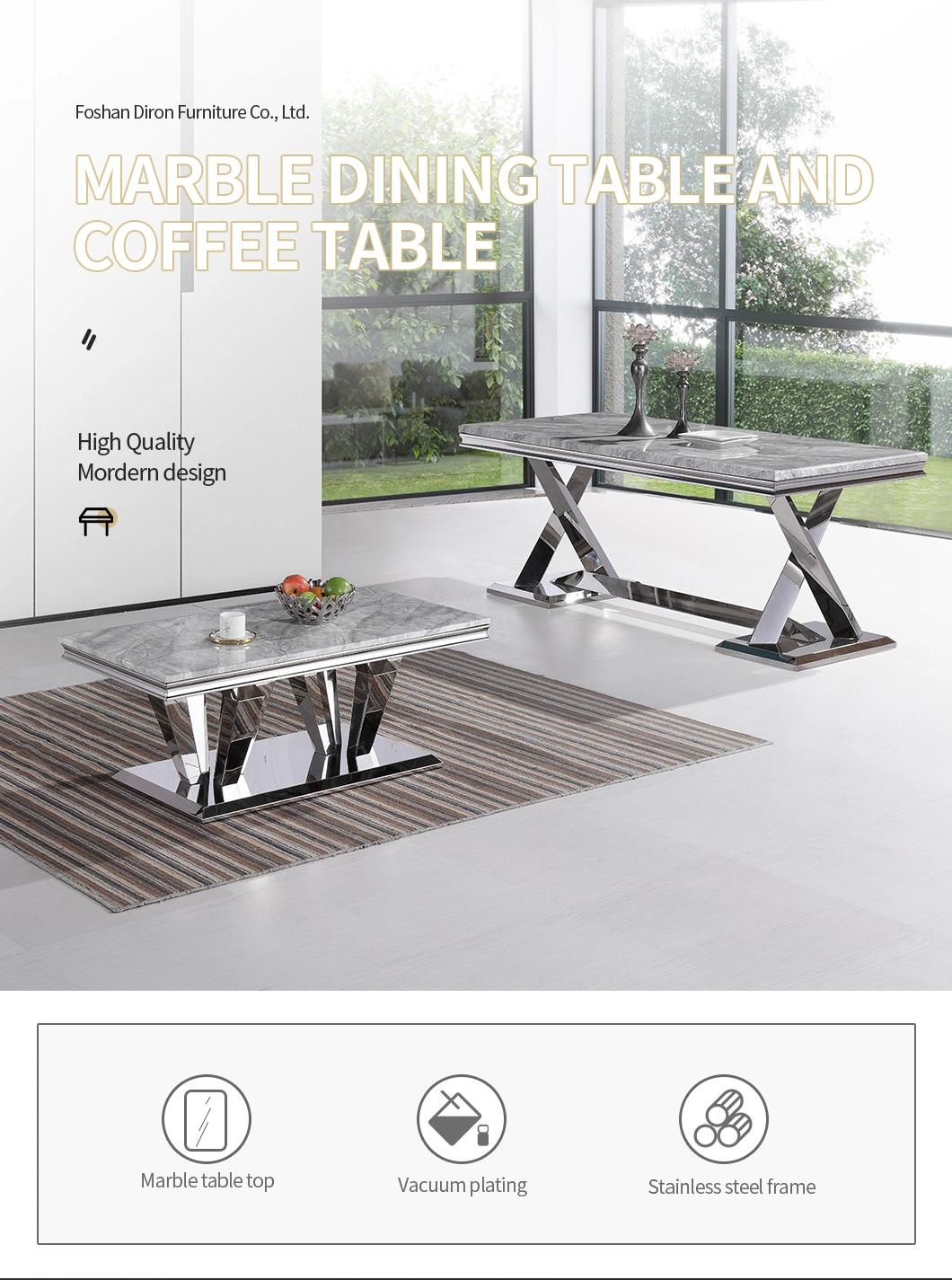 Factory Direct Sell Modern European Glass Marble Top Dining Table with Stainless Steel Legs Modern Home Furniture