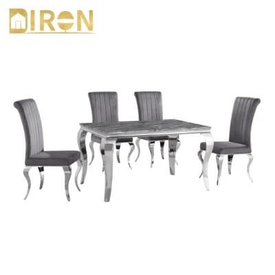 Factory Direct Sell Modern European Glass Marble Top Dining Table with Stainless Steel Legs Modern Home Furniture
