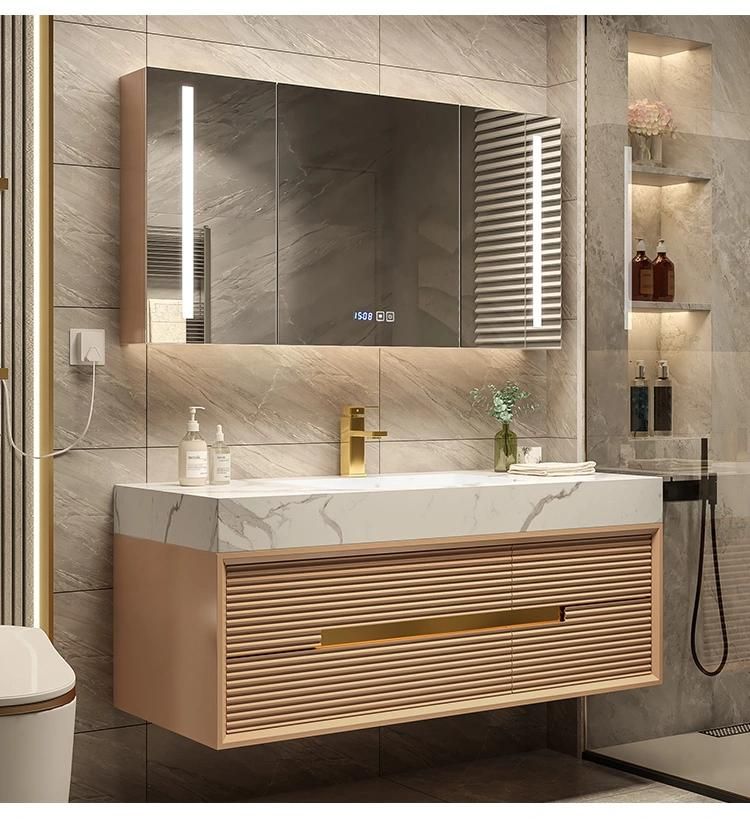 European Style Bathroom Furniture Metal Handle Mirror Bathroom Cabinet Good Quality Bathroom Vanity with Sintered Stone Top
